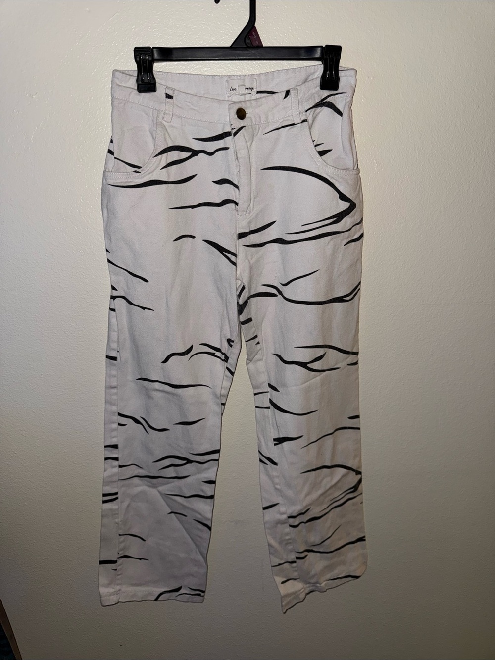 Straight Leg Womens Pants in White with Black Zebra Print